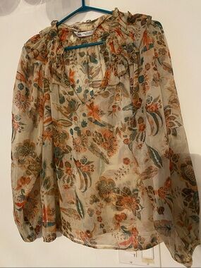 2 for $15 Floral Ruffle-Neck Blouse in Cream, Orange and Green